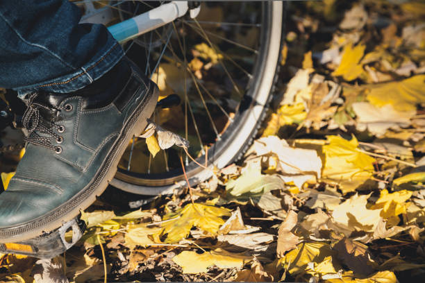 istock Men foot on pedal bicycle in autumn park 1043751156