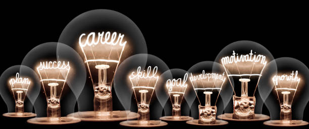 Light Bulb Concept Photo of light bulb with shining fibers in shapes of CAREER concept related words isolated on black background development stock pictures, royalty-free photos & images