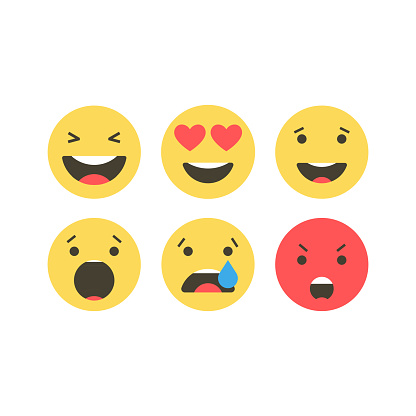 Set of emoji icons. Funny faces with different emotions. Emoji flat style icons on white background. Social media reactions Vector illustration