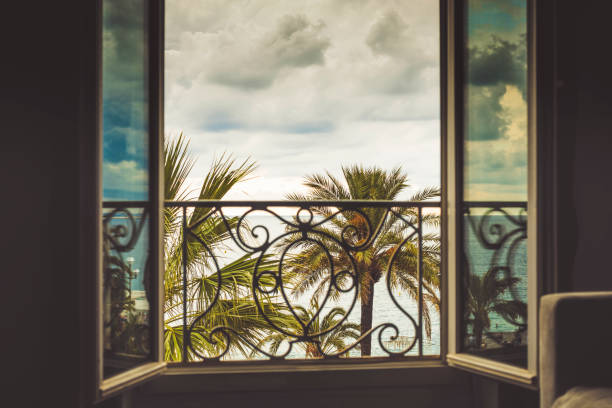 Beautiful seascape view from the terrace. Summer Vacations, Traveling Sicily, renting house in blue water coast. Summer travel background