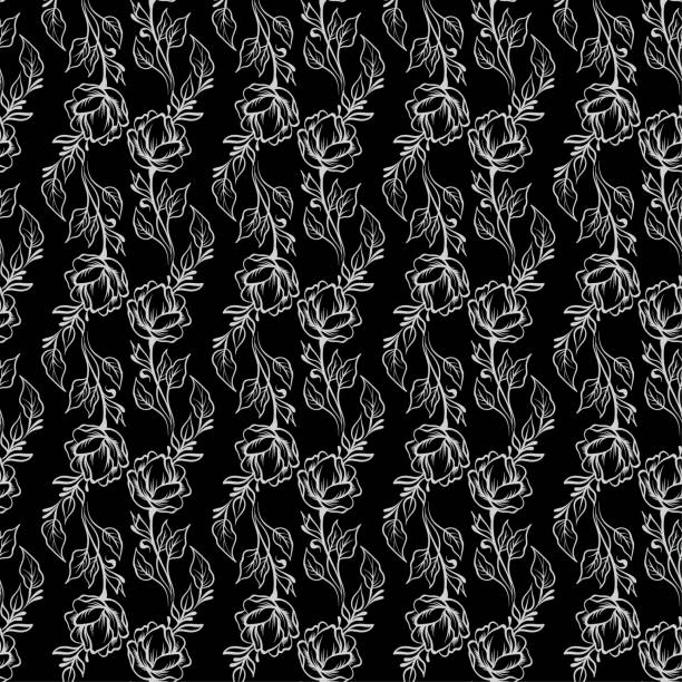 istock Lace elegant vintage floral pattern - light gray line art on a black background, hand drawn vector illustration 1043755806