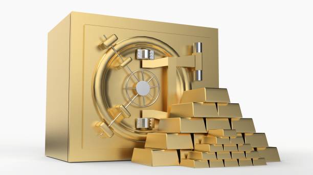 istock Security golden safe with gold bars pyramid 3D rendering 1043760446