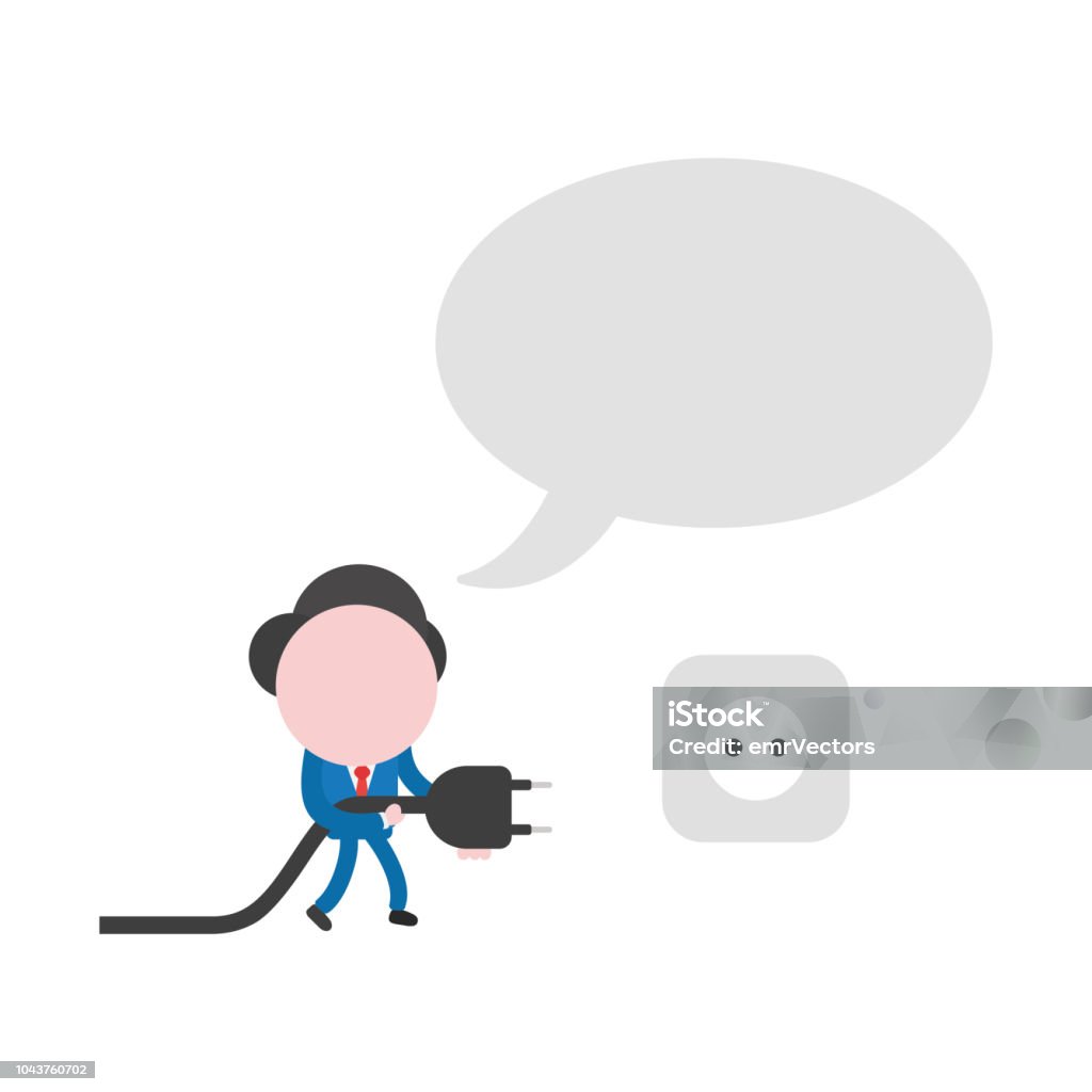 Vector businessman character with speech bubble, walking and holding plug to plugged into outlet Vector illustration businessman character with blank speech bubble, walking and holding plug to plugged into outlet. Adult stock vector