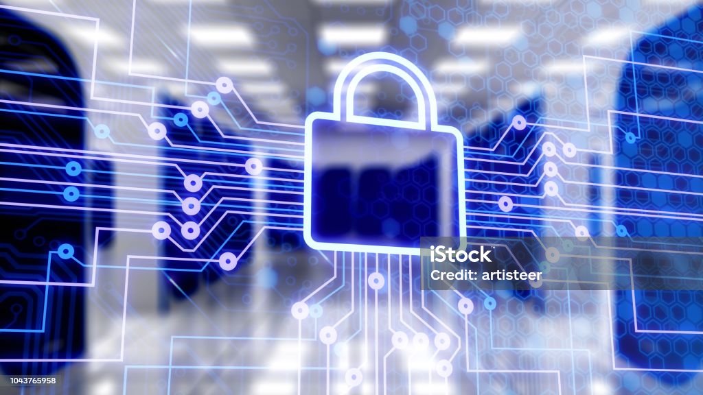 Security. Digital lock icon and city background, concept Security Stock Photo