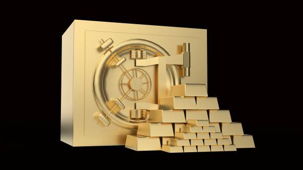 istock Security golden safe with gold bars pyramid 3D rendering 1043765990