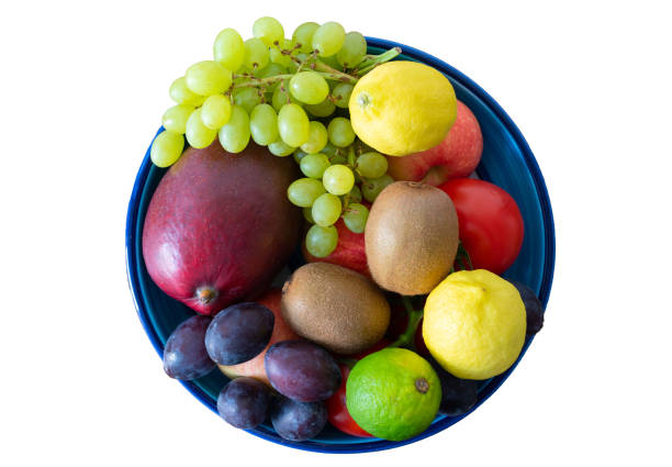 vista superior del tazón de cerámica llenado de frutas frescas aisladas sobre fondo blanco - tazón para frutas fotografías e imágenes de stock