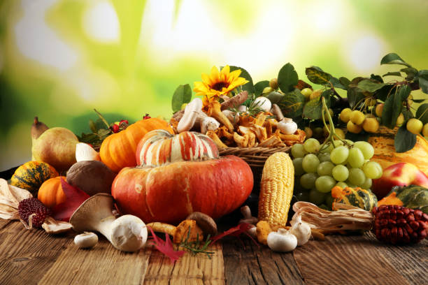 istock Autumn nature concept. Fall fruit and vegetables on wood. Thanksgiving dinner 1043781782