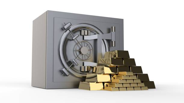 istock Security metal safe with Gold bars pyramid 3D rendering 1043782804