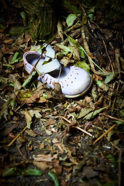 istock Abandoned baby boot lying in old leaves. 1043786780