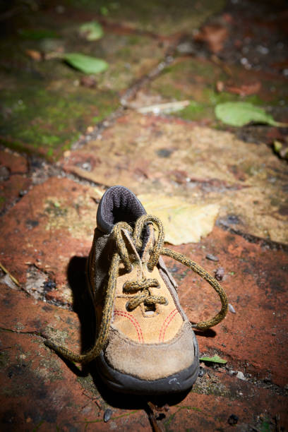 istock Abandoned baby shoe lying on an old brick floor. 1043787336