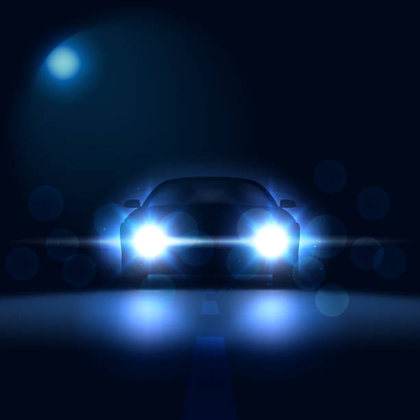 Car at night with bright headlights on a dark background with bokeh, car silhouette with xenon headlights, vector illustration Car at night with bright headlights on a dark background with bokeh, car silhouette with xenon headlights, vector illustration car led light stock illustrations