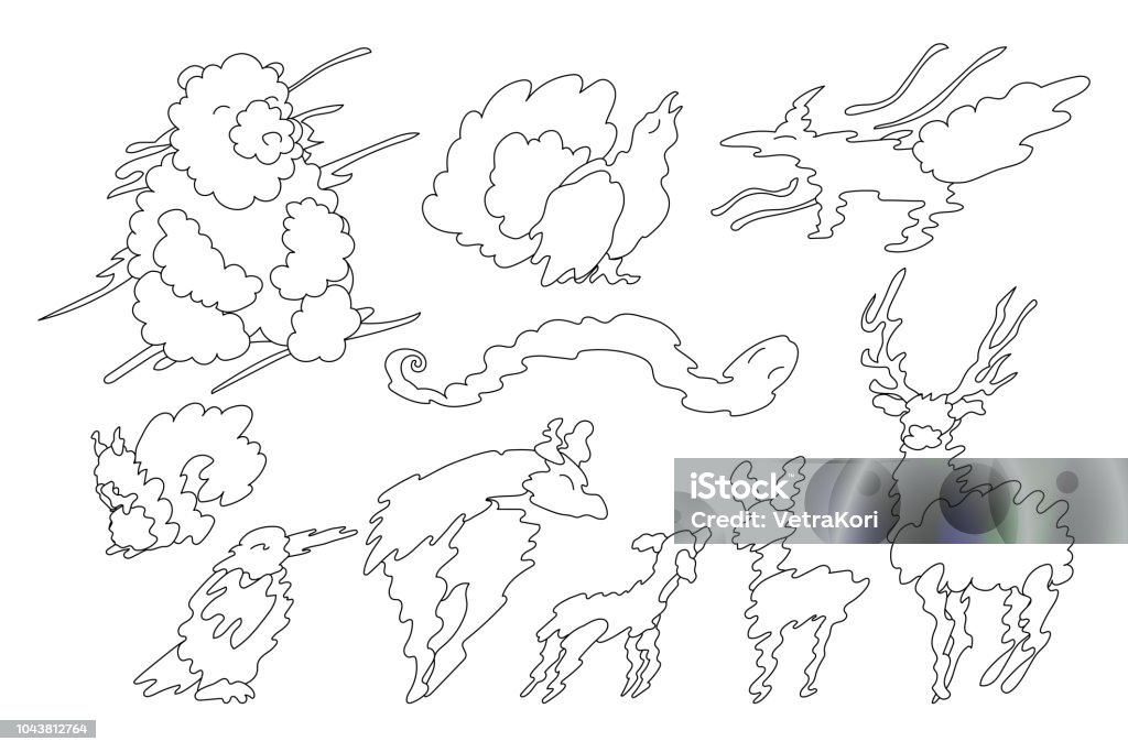 vector animal shaped cloud set vector animal shaped cloud. Black white linear set Animal stock vector