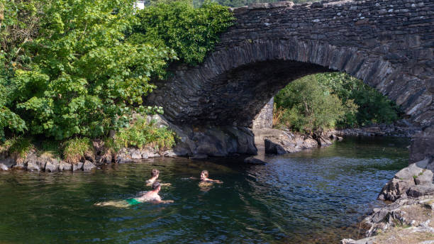 father and teen children swimming in the river duddon by old stone bridge in ulpha in the lake district national park, uk. scenic view of english countryside on a sunny summer day. - bridge people fun river imagens e fotografias de stock