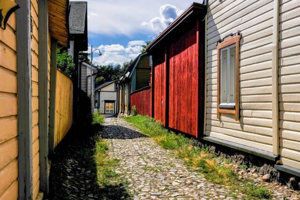 istock Nice view for old street in Porvoo with cobbled pavement 1043824538