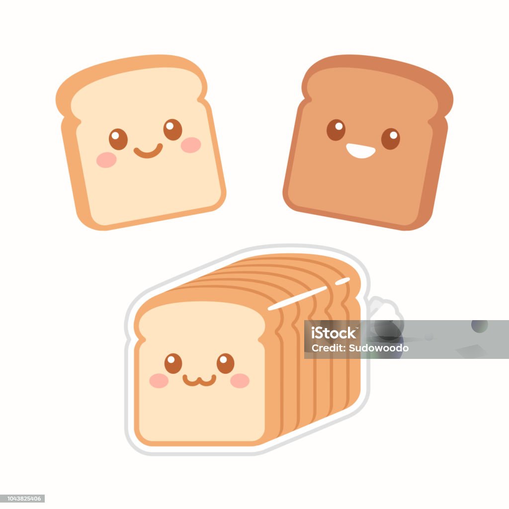 Cute cartoon slices of bread Cute cartoon slices of bread with kawaii faces. White and brown rye toast. Simple flat vector style illustration. Bread stock vector