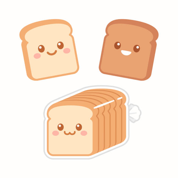 Cute cartoon slices of bread Cute cartoon slices of bread with kawaii faces. White and brown rye toast. Simple flat vector style illustration. bread clipart stock illustrations