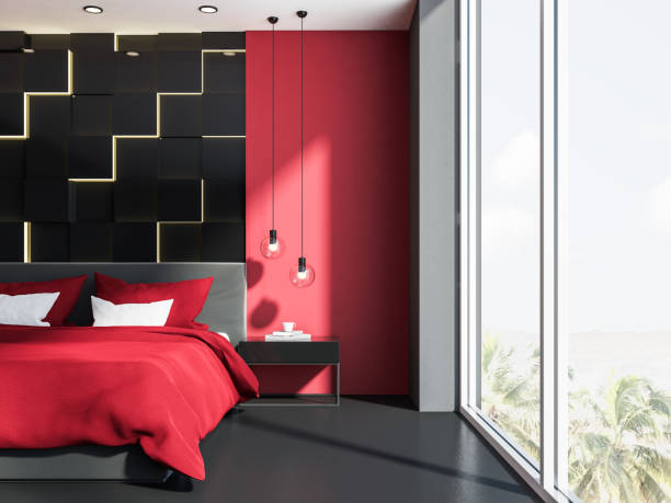 istock Red and gray panoramic bedroom interior 1043825788