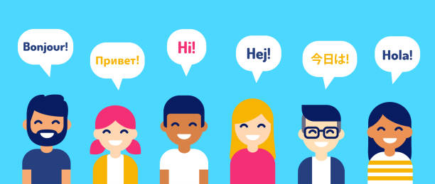 International group of people International group of people saying Hi in different languages. Diverse cartoon characters, modern flat vector style illustration. Learning, education and communication design element. french language learn stock illustrations