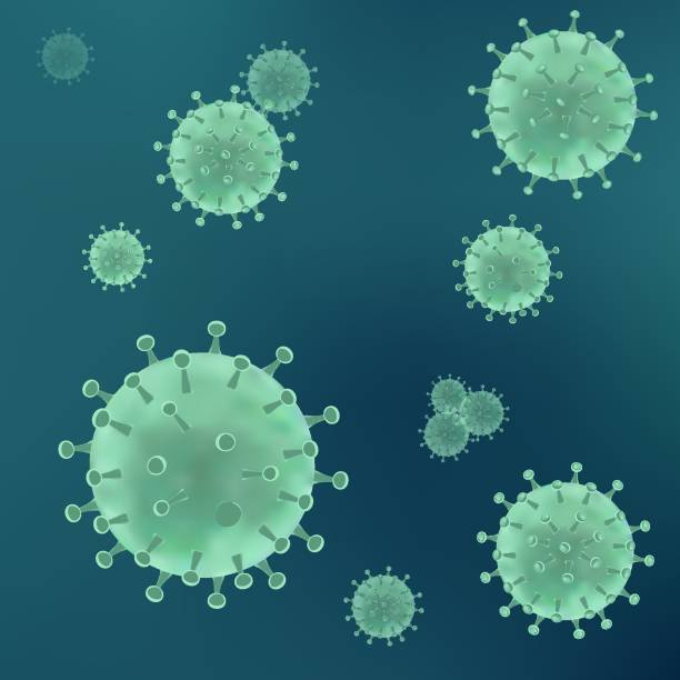 realistische virus unter microscop auf grünen migrationshintergrund. bakterien-virus, mikroorganismus zellen. 3d vektor-illustration - influenza a virus stock-grafiken, -clipart, -cartoons und -symbole