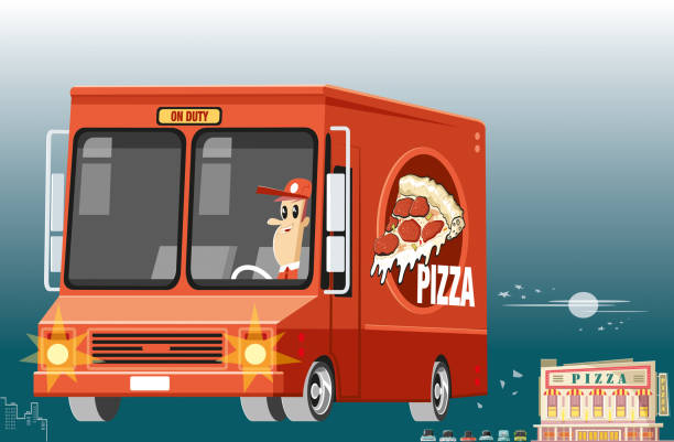 bildbanksillustrationer, clip art samt tecknat material och ikoner med pizza leverans lastbil - illustrationer med truck