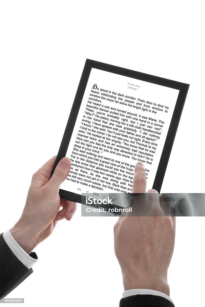 Männliche hand, die hält eines touchpad-PCs mit E-Book - Lizenzfrei Ausrüstung und Geräte Stock-Foto