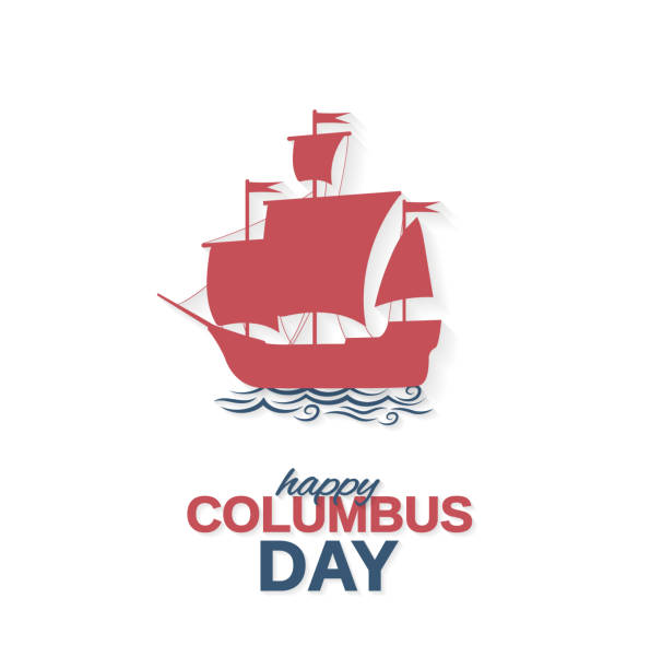 istock Happy Columbus Day white poster, banner or background with ship and waves. Vector illustration. 1043849808