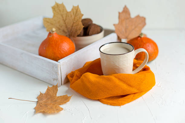istock Autumn composition on white. Pumpkins, dry leaves 1043849904