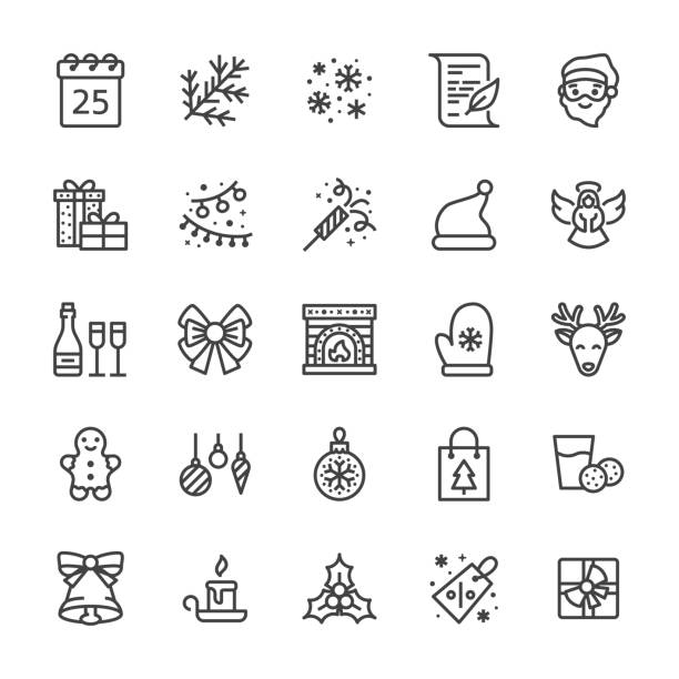 Merry Christmas flat line icons. Fir branch, snowflakes, presents, letter to santa claus, lights garlands decoration vector illustrations. Thin signs xmas sale. Pixel perfect 48x48. Editable Strokes Merry Christmas flat line icons. Fir branch, snowflakes, presents, letter to santa claus, lights garlands decoration vector illustrations. Thin signs xmas sale. Pixel perfect 48x48. Editable Strokes. winter icons stock illustrations