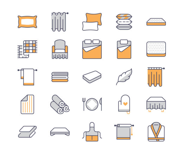 ilustrações de stock, clip art, desenhos animados e ícones de bedding flat line icons. orthopedics mattresses, bedroom linen, pillows, sheets set, blanket and duvet illustrations. thin signs for interior store - bedding bedroom duvet pillow