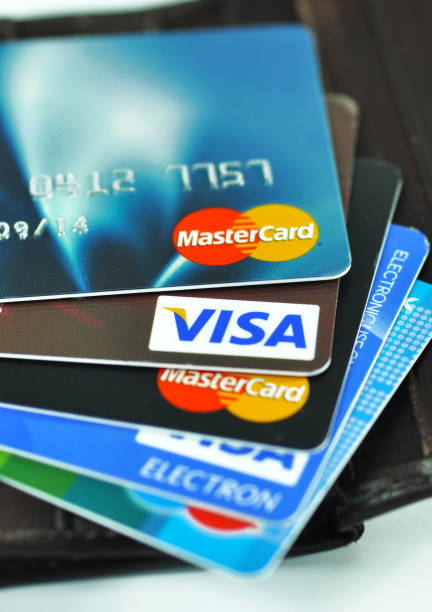 credit card - merchandise multi colored arrangement blue imagens e fotografias de stock