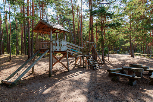 Children play area in pine tree park near Saulkrasti town, Latvia
