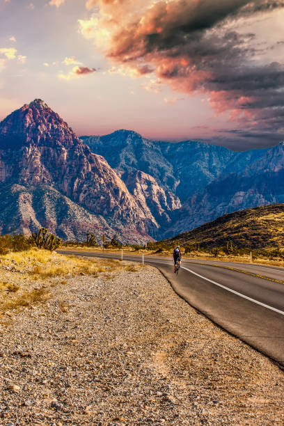 istock Rider Cycling on Road Through Desert Toward Mountains 1043869096