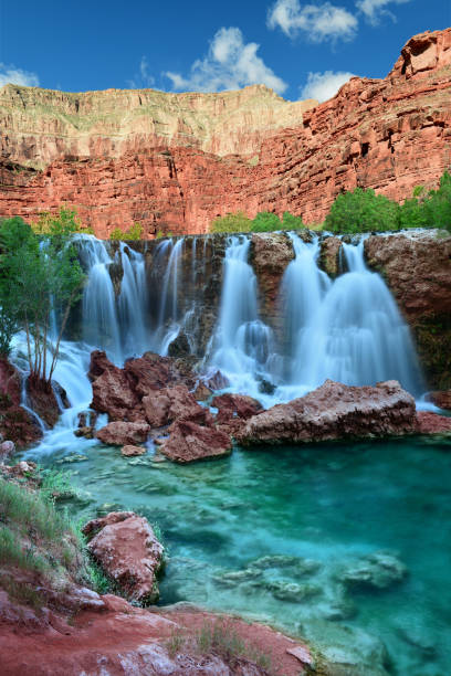 Navajo Falls in Havasupai Indian Reservation in Arizona, USA Navajo Falls in Havasupai Indian Reservation in the Grand Canyon area, Arizona, USA havasu creek stock pictures, royalty-free photos & images
