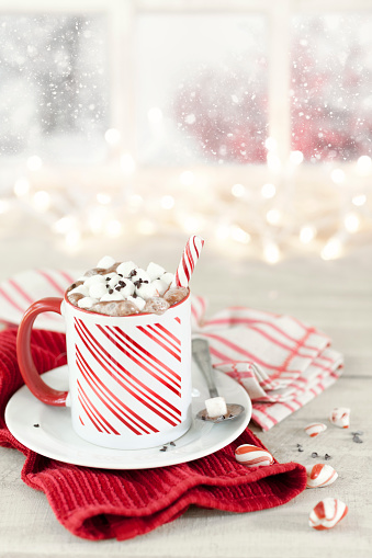 Christmas hot chocolate with candy cane stick in front of a wintery window.