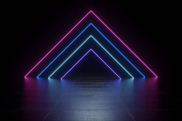 istock Futuristic Sci-Fi Abstract Blue And Purple Neon Light Shapes On Black Background And Reflective Concrete With Empty Space For Text 3D Rendering Illustration 1043913144