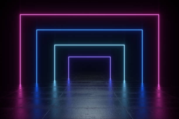 istock Futuristic Sci-Fi Abstract Blue And Purple Neon Light Shapes On Black Background And Reflective Concrete With Empty Space For Text 3D Rendering Illustration 1043913178