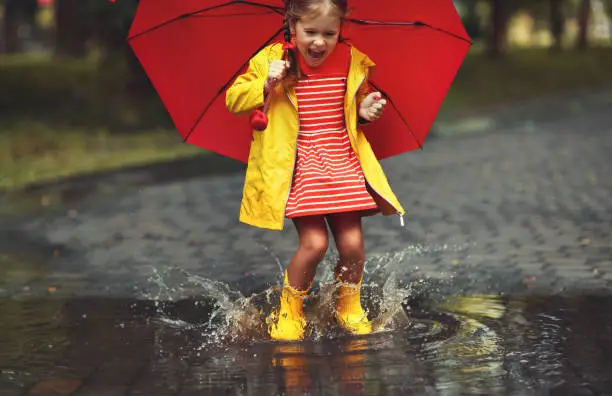 happy child girl with an umbrella and rubber boots in puddle on an autumn walk