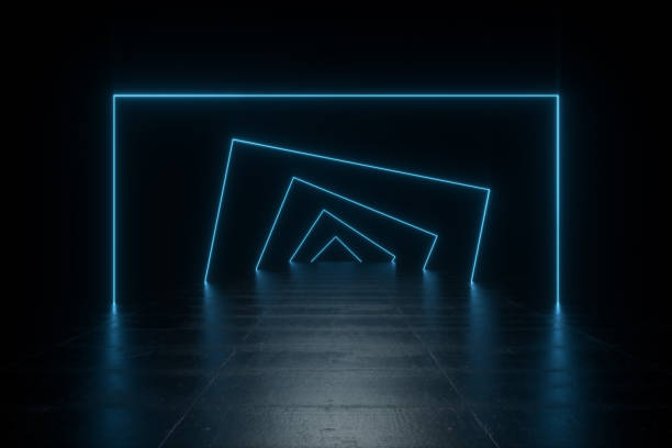 istock Futuristic Sci-Fi Abstract Blue Neon Light Shapes On Black Background And Reflective Concrete With Empty Space For Text 3D Rendering Illustration 1043913254