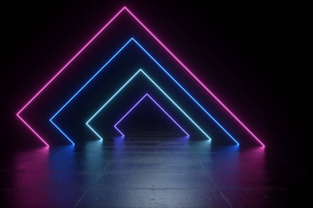 istock Futuristic Sci-Fi Abstract Blue And Purple Neon Light Shapes On Black Background And Reflective Concrete With Empty Space For Text 3D Rendering Illustration 1043913384