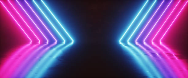 istock Futuristic Sci-Fi Abstract Blue And Purple Neon Light Shapes On Black Background And Reflective Concrete With Empty Space For Text 3D Rendering Illustration 1043915618