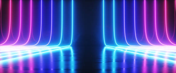 istock Futuristic Sci-Fi Abstract Blue And Purple Neon Light Shapes On Black Background And Reflective Concrete With Empty Space For Text 3D Rendering Illustration 1043917716