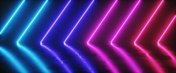istock Futuristic Sci-Fi Abstract Blue And Purple Neon Light Shapes On Black Background And Reflective Concrete With Empty Space For Text 3D Rendering Illustration 1043917870