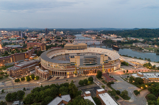 Knoxville, TN, USA - September 5, 2018: Aerial drone photo of the Neyland sports stadium arena at Downtown Knoxville Tennessee USA