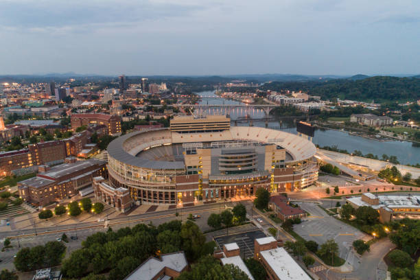 Neyland sports stadium arena Knoxville TN Knoxville, TN, USA - September 5, 2018: Aerial drone photo of the Neyland sports stadium arena at Downtown Knoxville Tennessee USA neyland stadium stock pictures, royalty-free photos & images