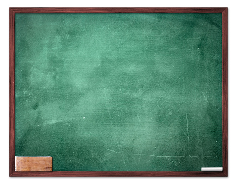 Green board, chalkboard and eraser isolated on white background