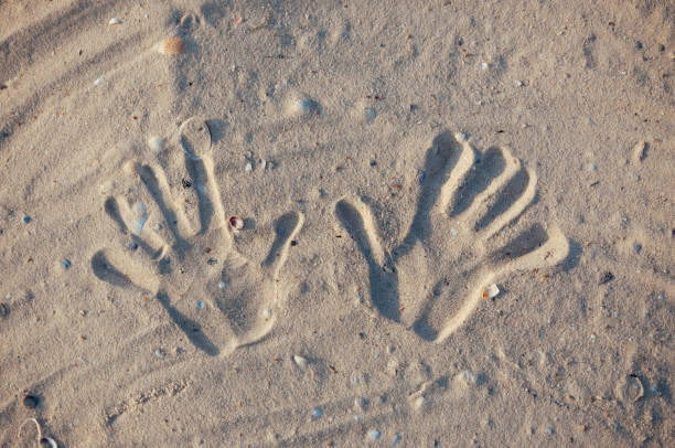 istock Seashore beach with sand, footprints in the sand, sand and seashells summer 1043926248