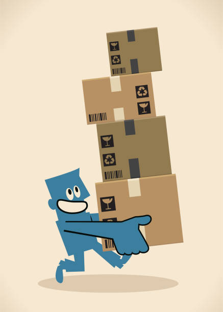 ilustrações de stock, clip art, desenhos animados e ícones de delivery man running and carrying a pile of cardboard boxes - overnight delivery illustrations