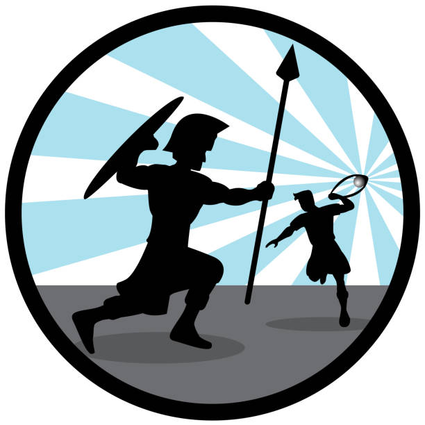 Illustration silhouette of David fighting with Goliath vector art illustration
