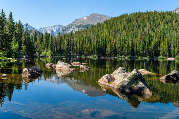 lago del oso - una vista de mañana verano soleado de un tramo rocoso de bear lake, parque nacional de rocky mountain, colorado, usa. - colorado coniferous tree mountain range mountain fotografías e imágenes de stock