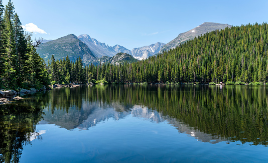 Longs Peak and Glacier Gorge reflecting in blue Bear Lake on a calm Summer morning, Rocky Mountain National Park, Colorado, USA.